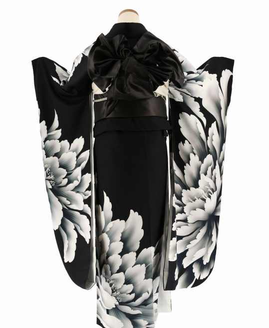 参列振袖[シック]濃い墨黒に大きな白牡丹の花[身長168cmまで]No.1095